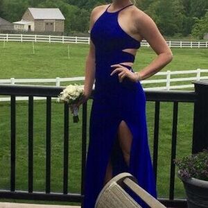 La Femme Blue Gown with Halter Neckline and Slit for Prom